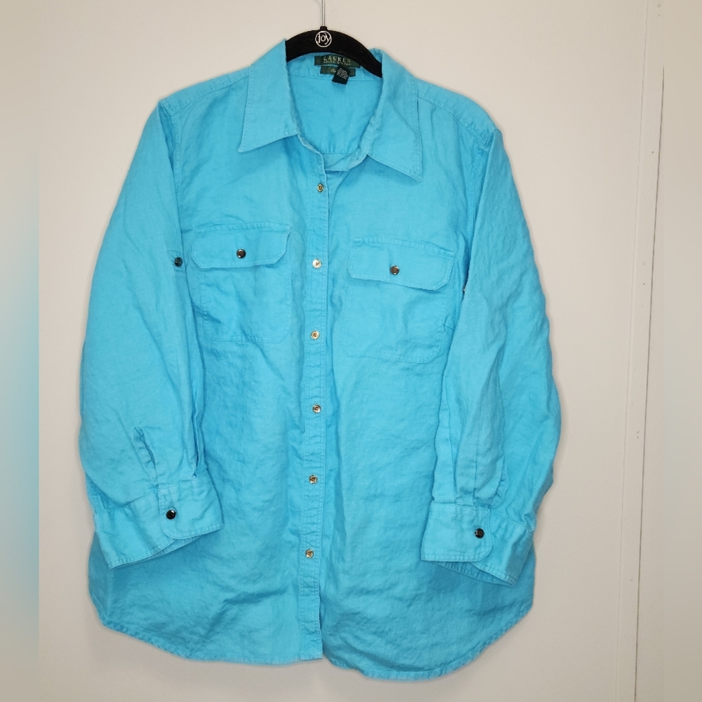 Lauren Ralph Lauren Blue Button-up Womens Linen Shirt Size 1X
